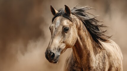 Elegant horse galloping through dusty terrain under a dramatic sky while its mane flows gracefully in the wind