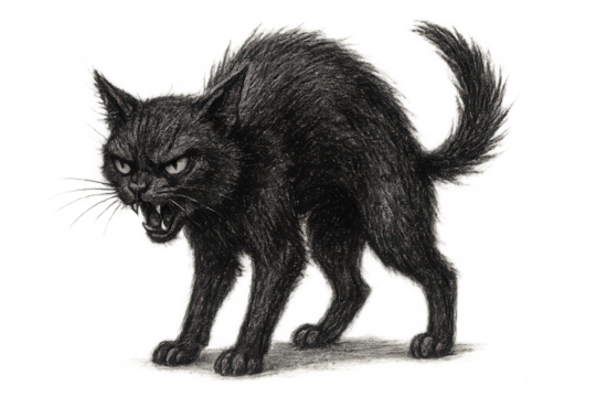 Illustration of a snarling black cat with arched back and transparent background, conveying a sense of threat and halloween spirit
