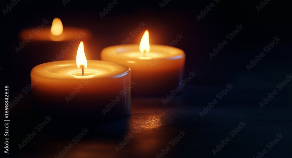Poster three lit candles provide warm lighting in a dark ambient setting creating atmosphere