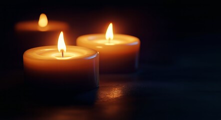 Three Lit Candles Provide Warm Lighting in a Dark Ambient Setting Creating Atmosphere