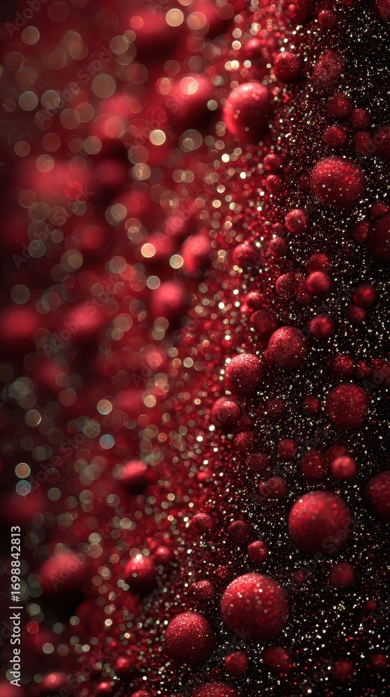 Poster bubbles and shimmer create an enchanting red texture in a close-up view