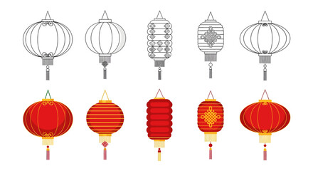 Collection of traditional red chinese lanterns and sketch designs for festive decoration