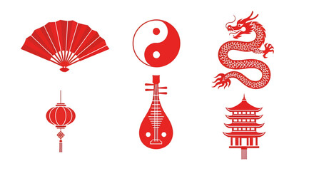 Vibrant red chinese symbols a dragon fan yin yang lantern musical instrument pagoda