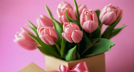 Fototapeta premium Bouquet of Lovely Pink Tulips is Presented in a Box With a Pink Ribbon Tied to It