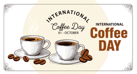 Celebrate international coffee day with two cups and beans greeting card design © LuazaAkter