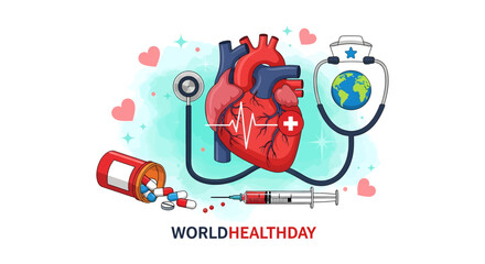 Heart health awareness campaign with stethoscope and globe promoting global wellbeing