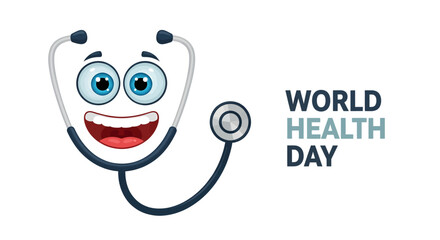 Happy stethoscope character celebrates world health day with joyful expression