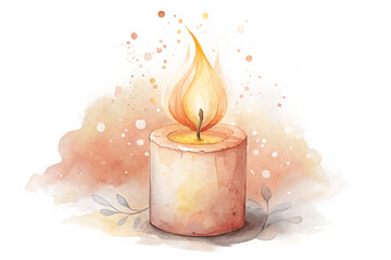 Watercolor illustration of a lit candle isolated on transparent background, showcasing a warm and inviting glow with delicate details and soft, diffused light effects