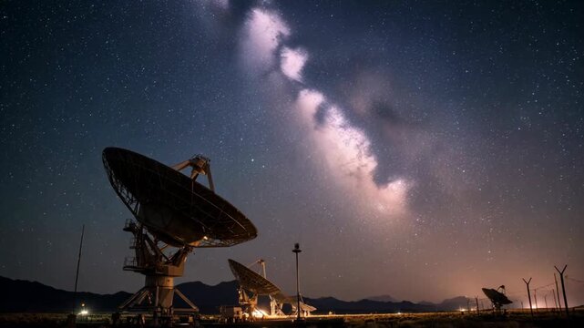 An impressive landscape, with large parabolic antennas, also known as radio telescopes, visible in the foreground. They are located in an open area, possibly in an observatory or a scientific station.