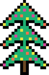 Pixel Christmas tree with multicolored lights. Elegant tree, 8 bit. Isolated vector illustration on transparent background.