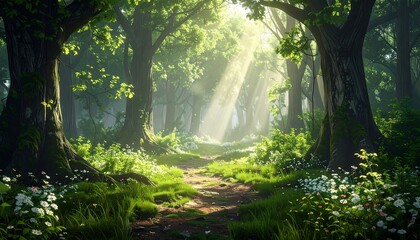Obraz premium Sunlight path through a lush forest