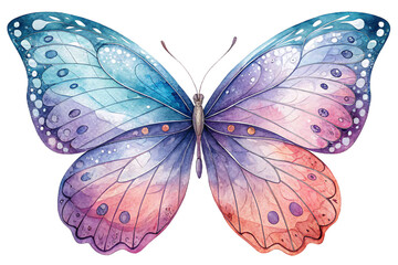 Watercolor butterfly isolated on transparent background with vibrant colors, showcasing a blend of blue, purple, and orange hues in a detailed and artistic style