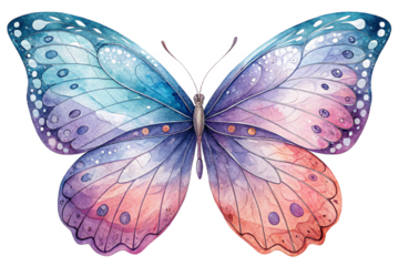 Watercolor butterfly isolated on transparent background with vibrant colors, showcasing a blend of blue, purple, and orange hues in a detailed and artistic style