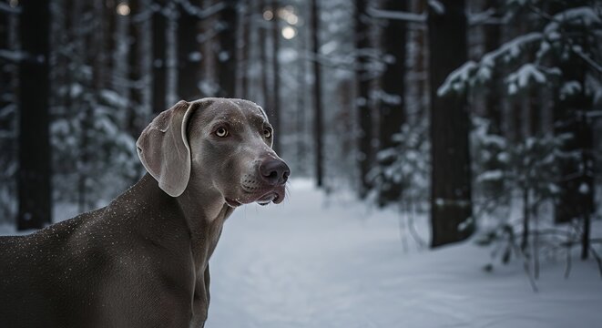 Weimaraner Dog in Snowy Forest Path.