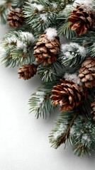 Beautiful snowy pine branches adorned with pinecones creating a serene winter ambiance in nature