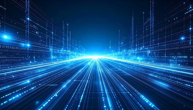 A perspective view of interconnected luminous blue lines and particles resembling data streams in a digital cityscape
