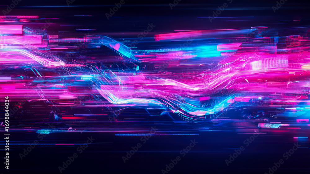 Poster dynamic abstract data flow in vibrant neon pink and blue, illustrating high-speed digital informatio