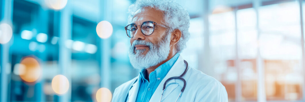 Close-up portrait of wise and seasoned senior male physician with grey beard and eyeglasses, dressed in lab coat with stethoscope, exuding calm professionalism