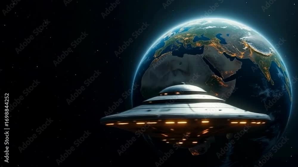Poster a spaceship, a disc-shaped ufo. the ship is illuminated with soft light, creating the effect of a fu