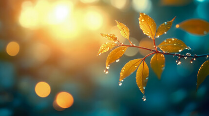 Sun-kissed golden leaves adorned with glistening morning dew against radiant bokeh background of warm orange and cool teal hues, evoking natural tranquility and freshness