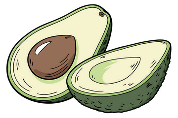 Illustration of two avocado halves, one with a seed, isolated on transparent background, showcasing the fruits creamy texture and vibrant green color scheme