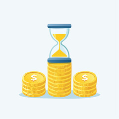 Conceptual representation of investment growth over time with gold coins and hourglass illustration