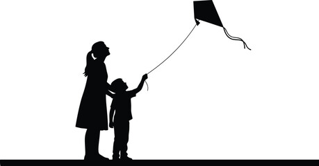 Mother and Son Flying Kite Silhouette Vector – Outdoor Bonding, Parenting Love, Family Fun, Childhood Moment, Black Isolated Graphic Art