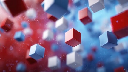 Colorful 3D cubes floating in a vibrant red and blue background. The scene conveys a sense of motion and digital abstraction.