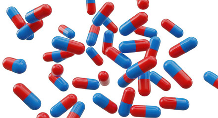 Scattered Red and Blue Pharmaceutical Capsules on White Background.