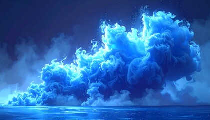 A vibrant, dramatic display of swirling, luminous blue ink in a captivating, atmospheric scene.