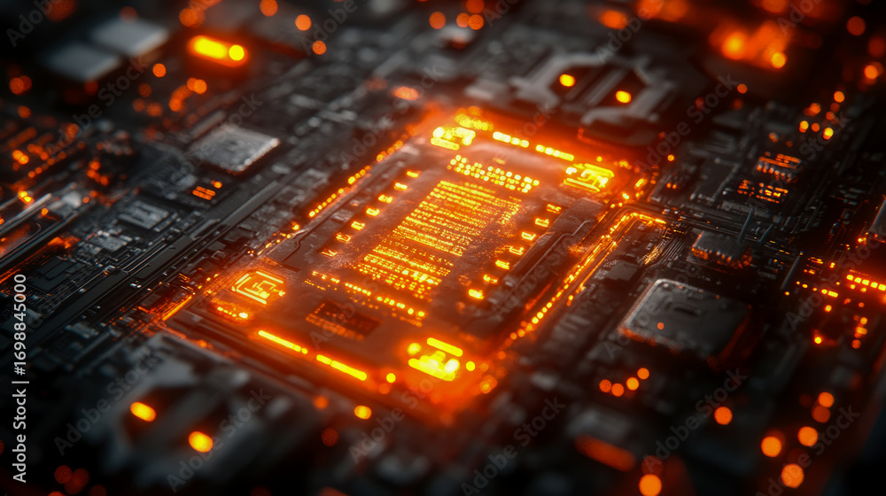 Poster dynamic macro shot of sophisticated circuit board illuminated with vibrant orange glowing pathways a