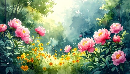 A vibrant watercolor painting showcases a sunlit garden filled with beautiful pink peonies and a variety of yellow wildflowers, bathed in soft light.