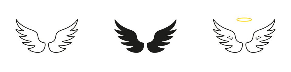 Fototapeta premium Heavenly Feathered Wings Line And Solid Icon Set. Symbolic Duo Of Wings With Halo Representing Ascension, Purity, And Sacred Guardianship. Symbol Collection. Isolated Vector Illustration