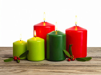 Conjunto de velas verdes y rojas, con muérdago, y fondo blanco