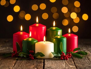 Conjunto de velas de colores navideños con muérdago y fondo con efecto bokeh