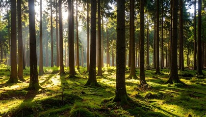 Sunlight streams through a dense forest