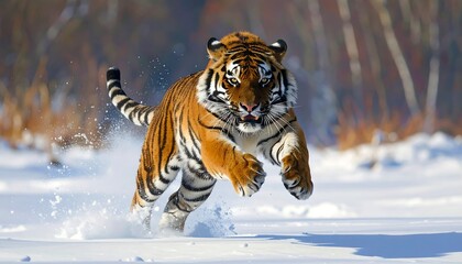 A majestic tiger leaps across a pristine expanse of snow, showcasing its powerful form and dynamic movement in a winter wonderland.