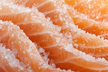 Fresh salmon fillets seasoned with coarse sea salt ready for cooking in a warm kitchen setting with natural light