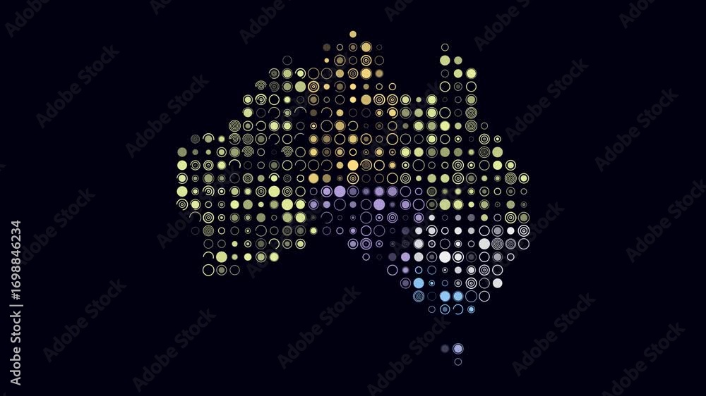 Poster australia map animation. shape of the country with pulsating colored dots. large size circle blocks.