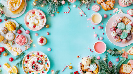 Vibrant top-down view of festive Christmas table adorned with delightful assortment of colorful sweets, cakes, pastries, and beverages, complete with holiday decorations on light blue backdrop.