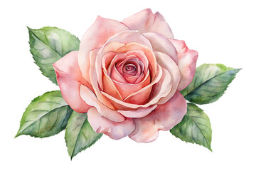 Watercolor painting of a delicate peach rose with lush green leaves, isolated on transparent background, showcasing its intricate petal structure and soft color palette