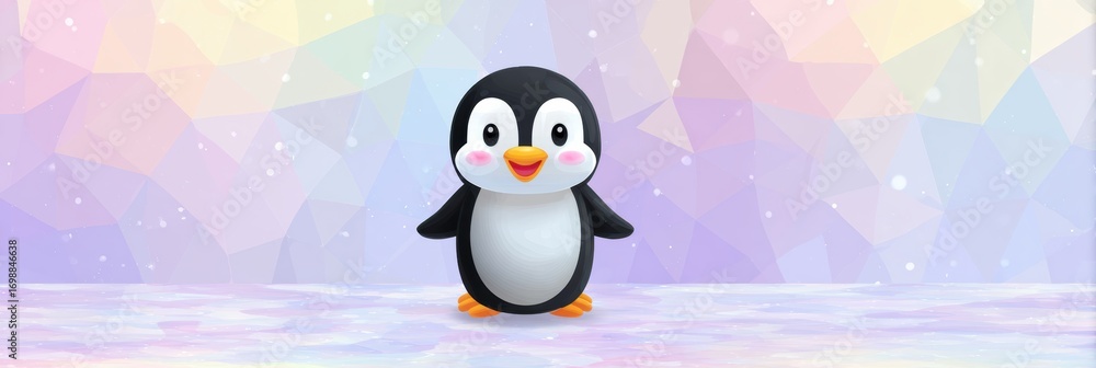 Poster cute animated penguin character standing on ice with a colorful backdrop in a winter theme