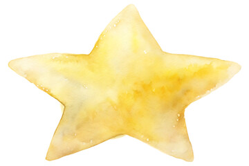 Watercolor illustration of a yellow star isolated on transparent background, showcasing its vibrant color and unique shape with a soft, artistic touch