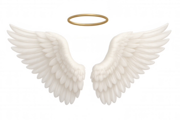White feathered angel wings and golden halo floating on a transparent background, perfect for spiritual or religious projects