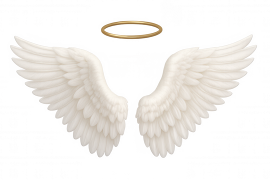 White feathered angel wings and golden halo floating on a transparent background, perfect for spiritual or religious projects - Powered by Adobe
