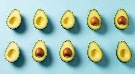 Freshly cut avocado halves arranged in a neat pattern on a vibrant blue background, a symbol of healthy eating and superfoods