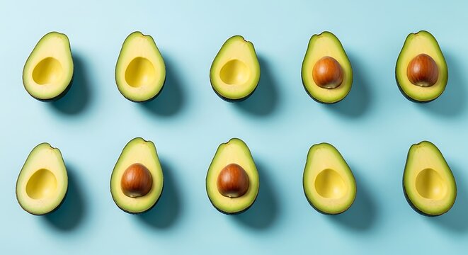 Freshly cut avocado halves arranged in a neat pattern on a vibrant blue background, a symbol of healthy eating and superfoods