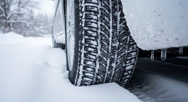 Winter driving safety: Close-up of tire traction in snowy conditions for automotive performance