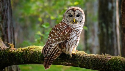 Fototapeta premium isolated barred owl resting on a tree branch in the swamp