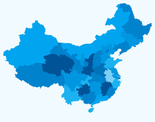 Map of China with regions. Just a simple country border map with region division. Light blue color palette. Blank People's Republic of China shape with administrative division. Vector illustration.